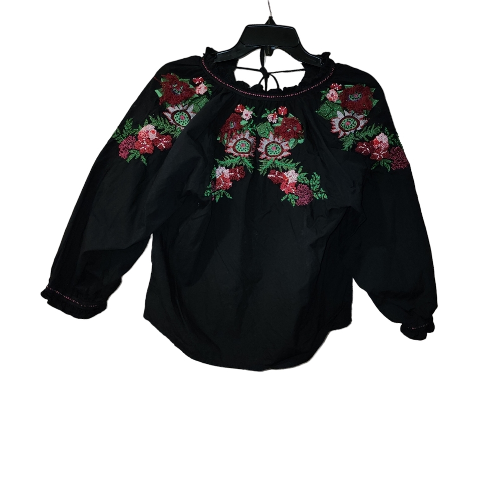 Zara Basic XS black Embroidered floral blouse